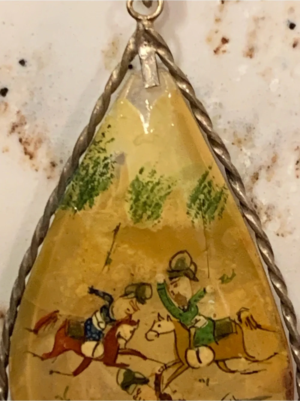 Vintage Hand-Painted Teardrop Pendant Necklace Reversible Bird Floral Horseback
